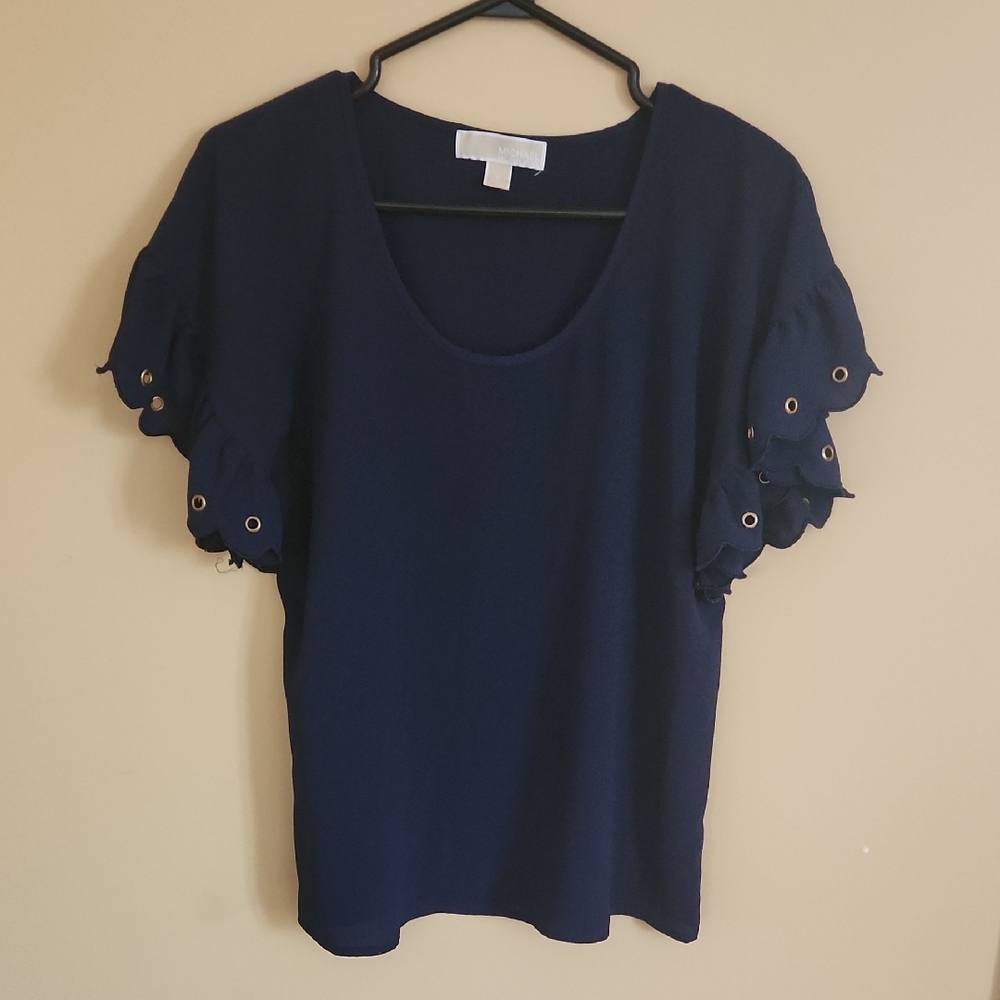 Michael Kors Navy Blue Women's Top with Eyelet Sleeve Detail